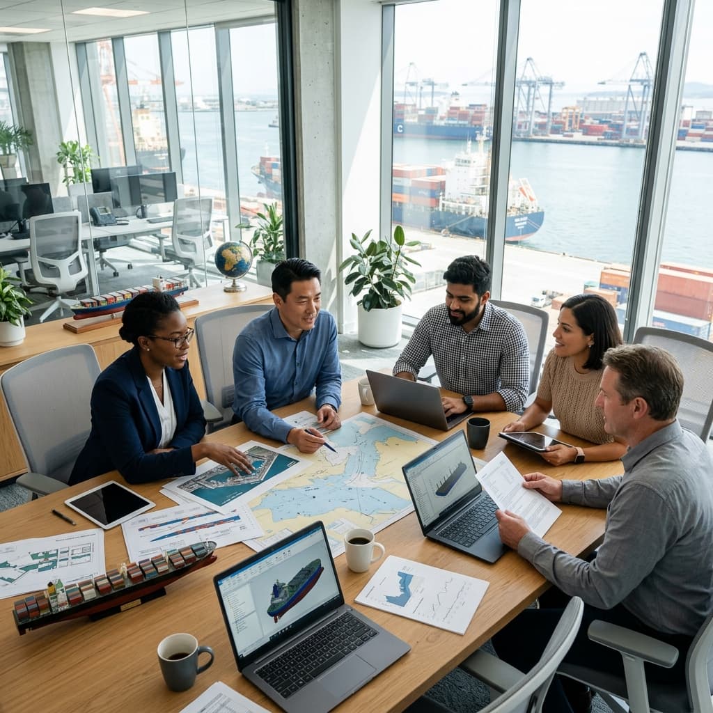 Our engineering and logistics team collaborating in our modern office